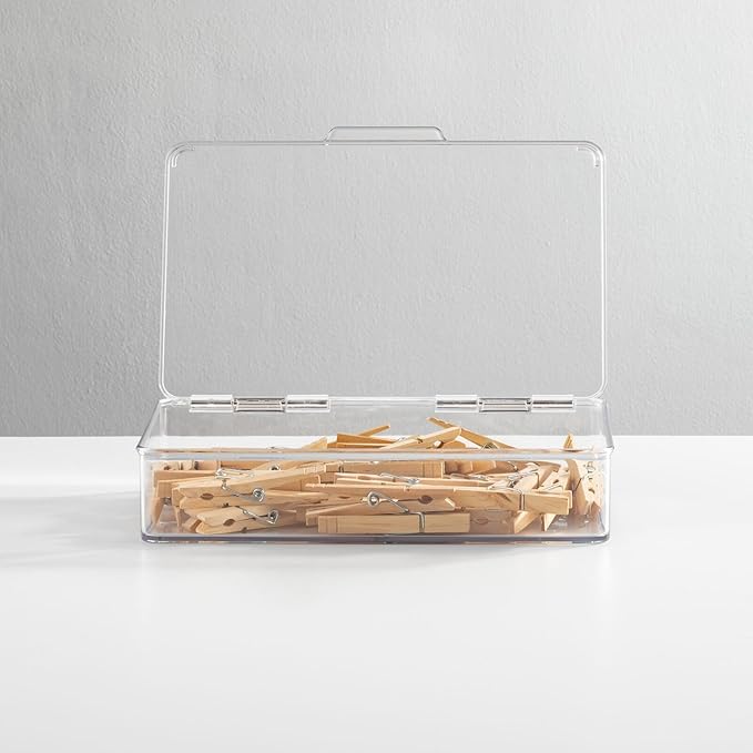 mDesign Plastic Household Stackable Storage Organizer Box Containers with Hinged Lid for Office, Bedroom, Entryway, Hallway, Garage, Playroom or Craft Room - Clear