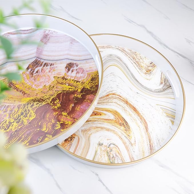 Round White Marbling Decorative Tray with Handles, 13" Morden Plastic Serving Tray for Coffee Table Bathroom, Ottoman, Home Decor