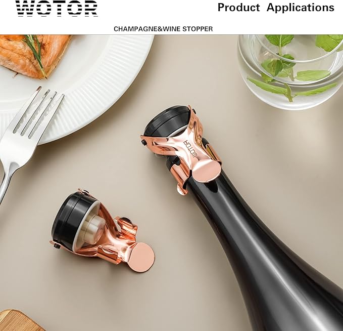 WOTOR Champagne&Wine Bottle Stoppers Stainless Steel with Food Grade Silicone, Leak Proof Keep Fresh Reusable Saver, Cork Suitable for Wine, Champagne, Cava, Prosecco and Sparkling (12 Pack Rosegold）