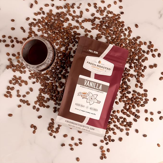 Fresh Roasted Coffee, Decaf Vanilla Flavored Coffee, 12 oz, Medium Roast, Kosher, Whole Bean