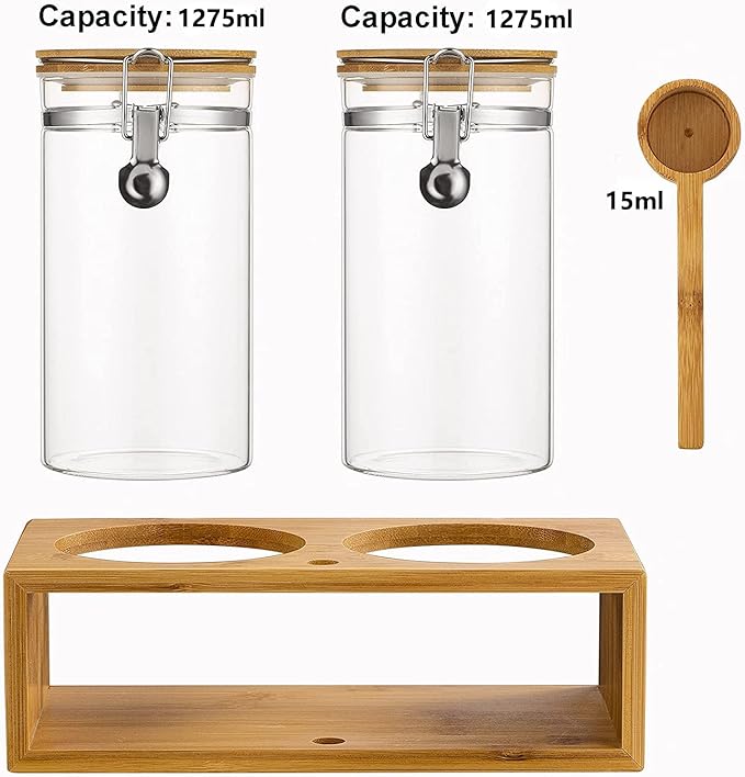 Yangbaga Ground Coffee Storage Container with Shelf, 2×45OZ Glass Coffee and Sugar Container Set, Coffee Canisters with Airtight Lids and Scoop, Food Storage Jars for Kitchen,Nuts,Tea,Sugar