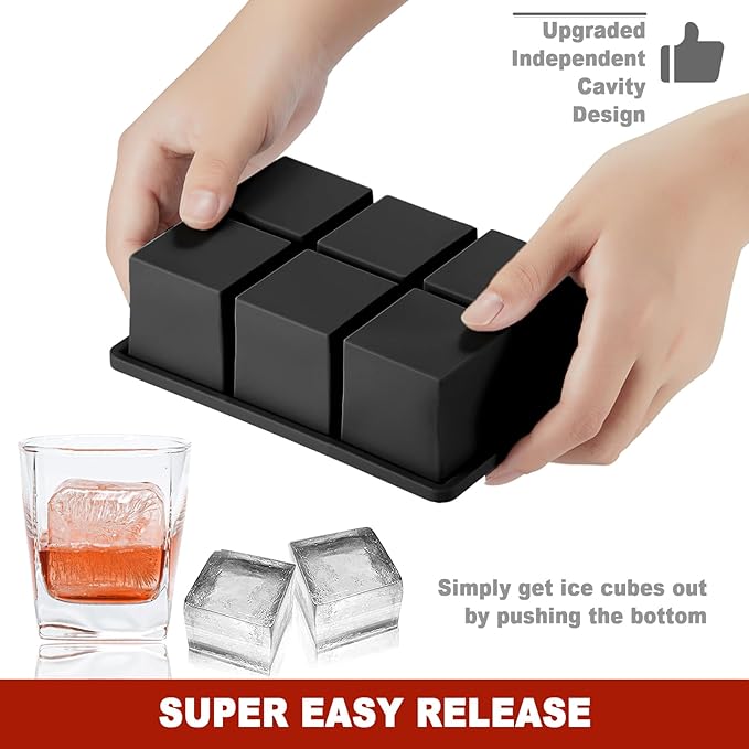 Nax Caki Ice Cube Trays 3 Pack - Large Size Silicone Ice Cube Molds(Black) for Whiskey Ice Cube Maker for Cocktail Old Fashioned Ice Cube Tray