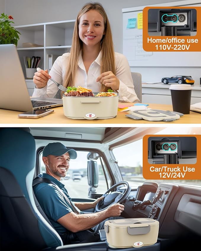 Electric Lunch Box for Men, Women & Adults - 80W Fast Heating - Heated Lunch Box with Dual 1.5L SS Containers - Portable Food Warmer for Car, Truck, Office