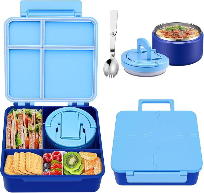 Bento Lunch Box for Kids with 8oz Soup Thermo,Kids Leakproof Lunch Food Containers with 4 Compartment,Kid Insulated Thermo Hot Food Jar for School,Trvael-Blue