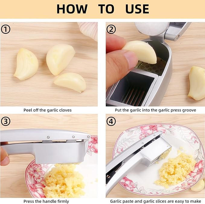 Professional 2 in 1 Garlic Press & Slicer,Multifunctional Garlic Mincer Tool with Ergonomic Handle,Effortlessly Crush,Slice and Mince Garlic,Rust-Proof,Easy to Squeeze and Clean,Dishwasher Safe
