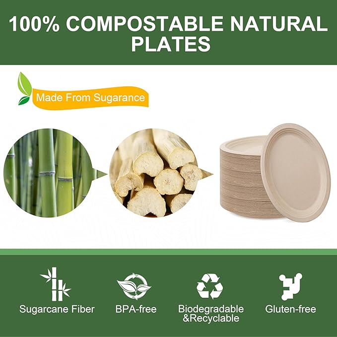 100% Compostable Oval Paper Plates 12 Inch, 125-Pack Large Heavy Duty Paper Plates Bulk,Biodegradable Bagasse,Eco-Friendly Disposable Dinner Plate for BBQ,Picnic,Party (BPI Certified,Microwaveable)