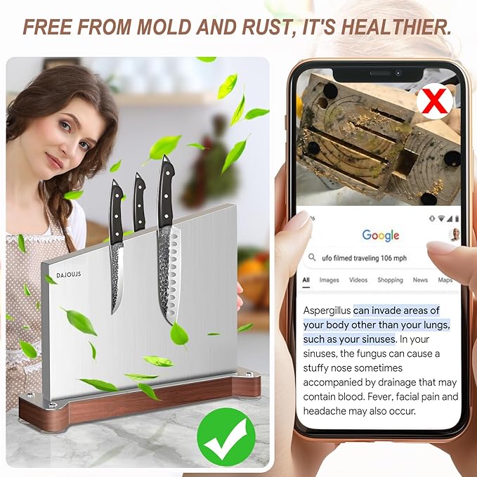 Large Magnetic Knife Holder16.15 x 11 Inches, Double Sided Magnetic Knife Block Without Knives, Stainless Steel Knife Storage Rack for Kitchen Counter With Strong Magnet Stand & Wood Base