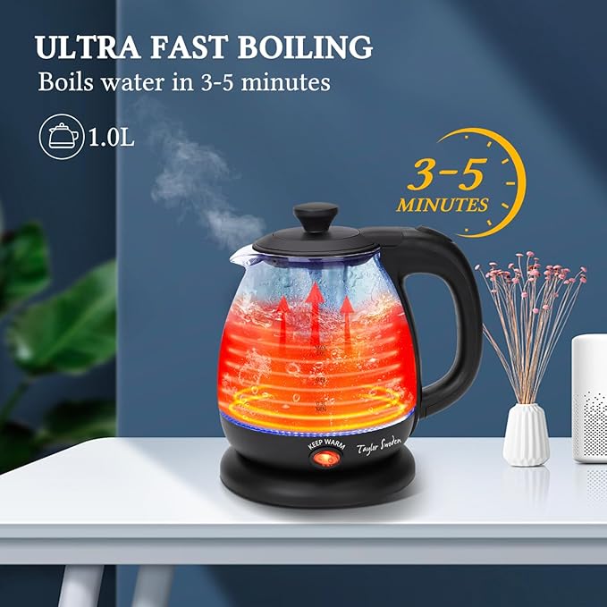 Taylor Swoden Electric Kettle with Tea Infuser, 1L Small Electric Tea Kettle with Keep Warm, LED Light Hot Water Boiler & Heater for Coffee & Teas, Auto Shut-Off & Boil Dry Protection, BPA Free, Black