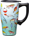 Spoontiques - Ceramic Travel Coffee Mug with Lid and Handle - Spill Proof Lid - Double Walled Mug for Hot and Cold Beverages - Microwave and Dishwasher Safe - Fishing Lures Travel Mug