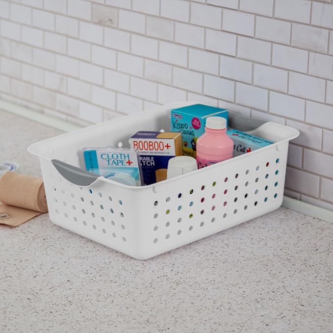 Sterilite 12-Pack Medium Ultra Basket, Open Top Plastic Storage Organizer, White - Classic Baskets for Organizing Countertops, Pantry Shelves, Kitchen Cabinets, Laundry Rooms or Home Offices