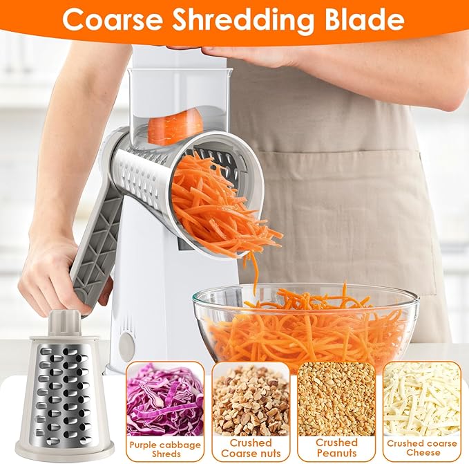 5 Blade Rotary Cheese Grater and Vegetable Chopper with Storage Box and Hand Crank, Compact Shredder for Cheeses, Veggies, Nuts - Easy to Use, Non-slip Suction Base,White