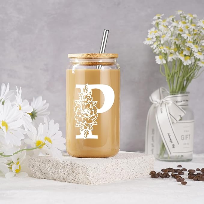Coolife Initial Glass Cup, Monogrammed Gifts for Women, 16 oz Glass Cups w/Lids Straws, Iced Coffee Smoothie Beer Tumbler w/Straw Lid - Personalized Christmas, Birthday Gifts for Her Mom Friend Woman