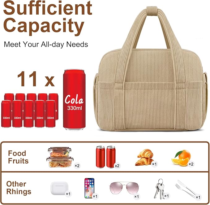 Corduroy Lunch Box Lunch Bag for Women Men, Cute Strawberry Small Insulated Reusable Work Leakproof Simple Lunch Boxes Tote Bag Adults Cooler Bag