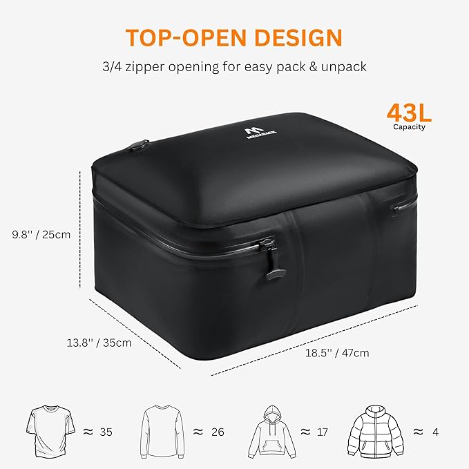 Travel Vacuum Bags for Luggage with Pump, Reusable Vacuum Seal Bags for Clothing, IP68 Waterproof, Top-open Design, Fits 20/24/28 Inch Suitcase (1PC+Pump, 43L)