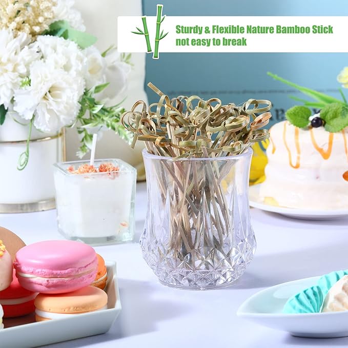 Nuogo 1000 Pcs Bamboo Cocktail Picks 4.13 Inch Bamboo Skewers Fruit Toothpicks for Appetizers Drink Garnish Sticks Handmade Food Pick with Looped Knot for Party Bar Snacks Sandwiches Drinks