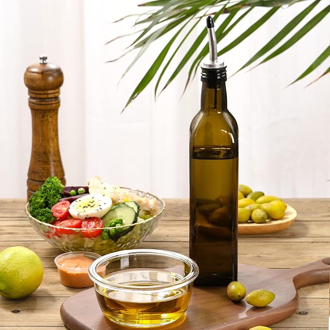 AOZITA 17oz Glass Olive Oil Dispenser - Oil and Vinegar Cruet Bottle with Stainless Steel Pourers - Funnel For Easy Refill - Olive Carafe Decanter for Kitchen