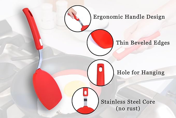 Silicone Pancake Spatula | Wide Beveled Edge Flipper with Stainless Steel Curved Handle | Heat Resistant Non-Stick Cooking