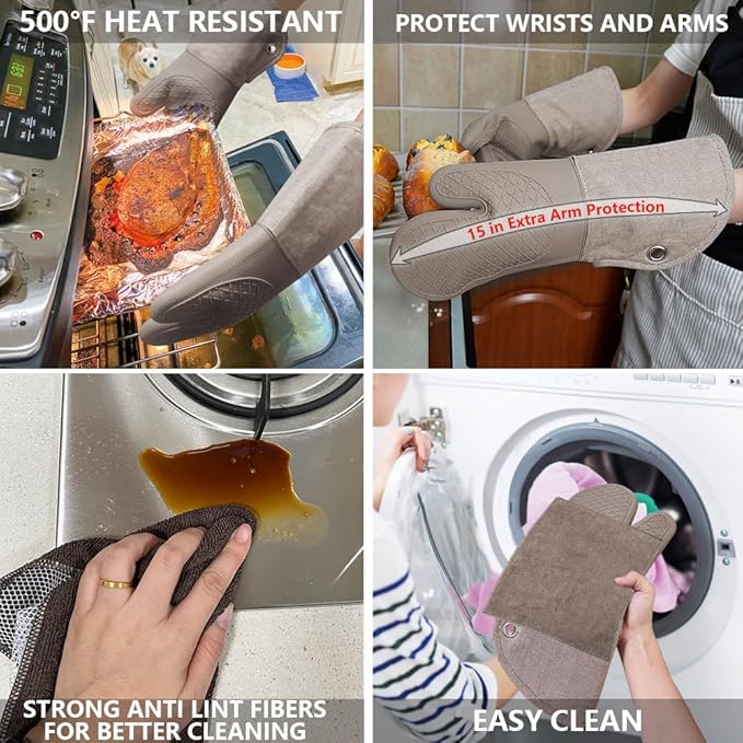 Professional Microwave Silicone Oven Mitts one Pair, Kitchen Mitten Set for Heat Resistant with 500 Degrees, Kitchen Gloves Pot Holder for BBQ Cooking Baking (Khaki)