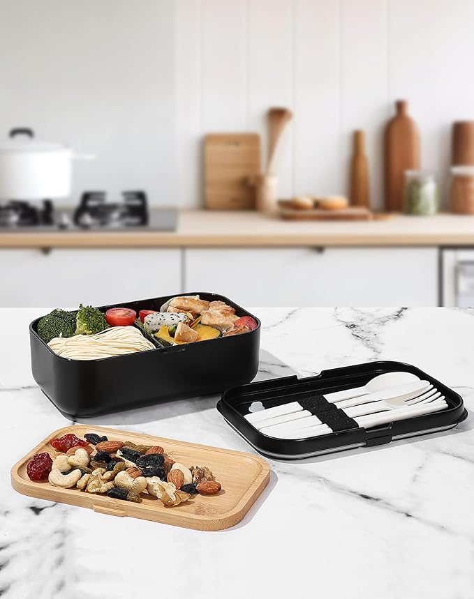 Bento Box Lunch Box Containers for Adults - Natural Bamboo Lid, Cutlery & Chopsticks, Lunch Box for Women, Microwave Safe, Dishwasher Safe, Bpa Free, Leakproof, Men