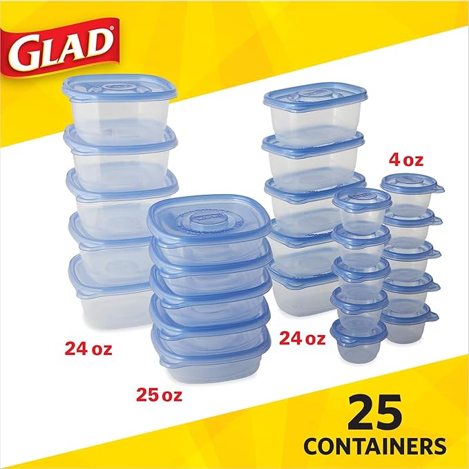 Glad GladWare Food Storage Containers, Lunch Variety Pack - BPA Free Containers and Lids in a Variety of Sizes to Hold and Store Food - With Glad Lock Tight Seal, 25 Count