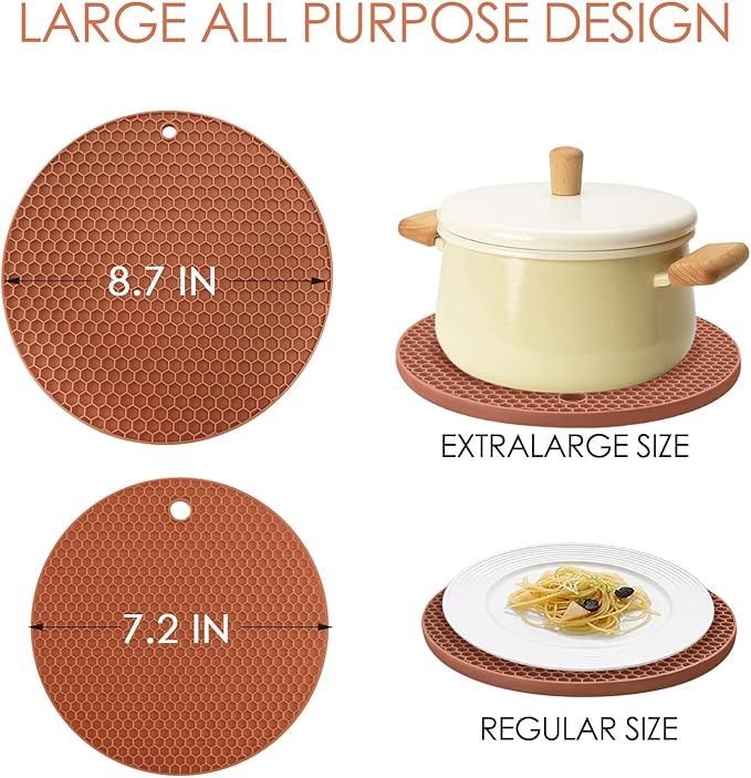 Silicone Trivets for Hot Dishs, 7 Inch & 9 Inch Heat Resistant Silicone Hot Pads Pot Holders for Kitchen Counter, Flexible Round Trivet Mats, Potholders(Coffee)