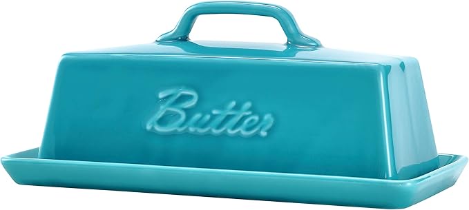 Bruntmor Porcelain Butter Keeper With Handle Cover, French Butter Dish Ceramic Butter Holder Container for Countertop, Butter Dish with Lid, Teal