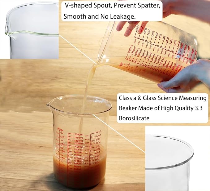 High Borosilicate Glass Measuring Cup-V-Shaped Spout，Glass Measuring Beaker for Kitchen or Restaurant, Easy to Read, 2000 ML (64 Oz, 8Cup)