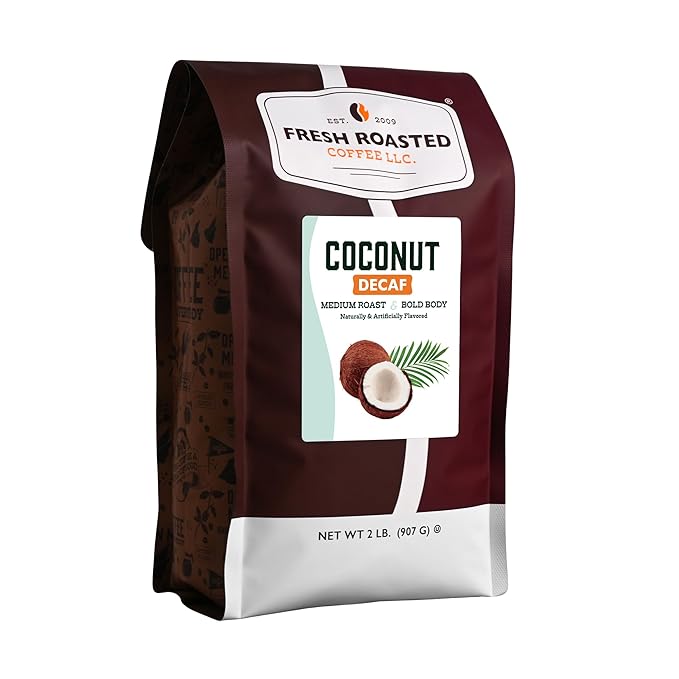 Fresh Roasted Coffee, Decaf Coconut Flavored Coffee, 2 lb (32 oz), Medium Roast, Kosher, Whole Bean