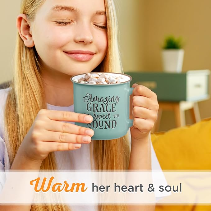 Christian Art Gifts Mint Green Camp Style Ceramic Coffee Mug – 13 oz. Microwave and Dishwasher Safe Novelty Drinkware Inspirational Scripture Coffee and Tea Mug with Worship Hymn Song: Amazing Grace