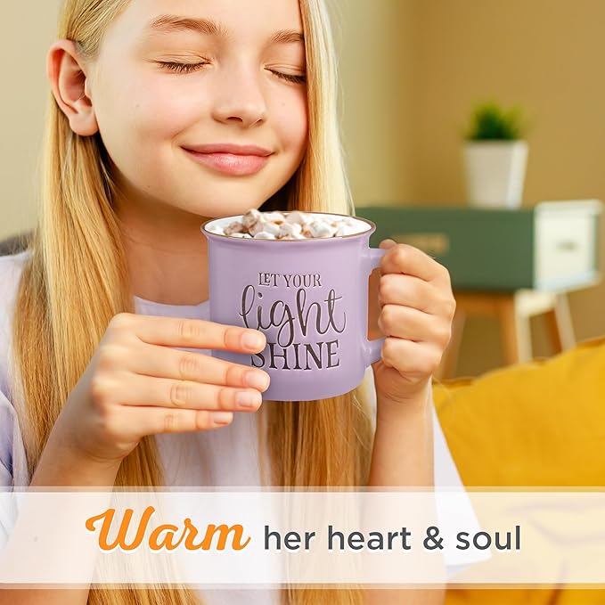 Christian Art Gifts Lavender Camp Style Ceramic Coffee Mug – 13 oz. Microwave & Dishwasher Safe Inspirational Scripture Coffee & Tea Mug for Women with Bible Verse: Let Your Light Shine – Matthew 5:16