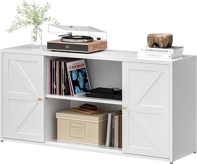 Metal TV Stand for 65 Inch TV, Farmhouse TV Entertainment Center with Storage Cabinets and Adjustable Shelves, Modern Media TV Console Table, TV Cabinet for Living Room, Bedroom, White