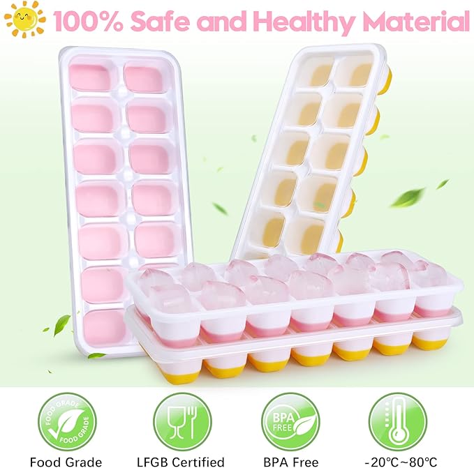 Silicone Ice Cube Tray, 4 Pack Easy-Release & Flexible 14-Ice Cube Trays with Spill-Resistant Removable Lid, Stackable Ice Trays with Covers for Freezer, Cocktail (Pink)