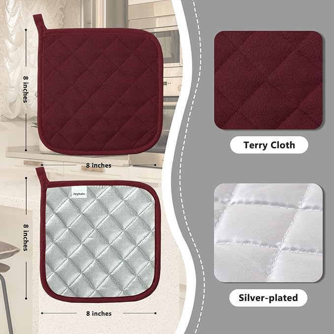 Joyhalo 6 Pack Pot Holders for Kitchen,Cotton Oven Holder with Great Heat Resistance,Non Slip Hot Pads for Kitchen Clearance,Dark Red