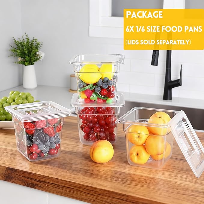 6 Pack 6'' Deep NSF Food Pans 1/6 Size | Commercial Food Storage Containers | Polycarbonate Plastic Pans for Restaurant | Commercial Grade for Food Prep | Clear