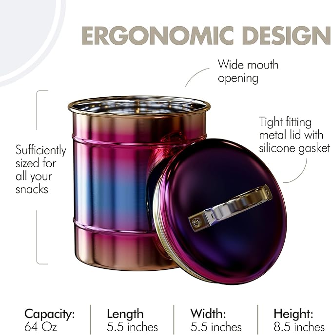 Amici Home Rainbow Metal Storage Canister | Dry Food Storage Container | Airtight Lid | 64 Ounce Capacity | Modern Home Décor | Decorative Metal Canister for Kitchen Countertop (Large)