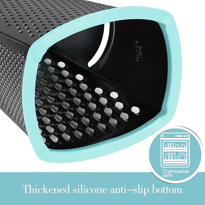 Ourokhome Cheese Grater with Handle, Stainless Steel Box Grater, 4 Side Kitchen Vegetable Shredder Slicer Zester with Container for Parmesan, Cabbage, Ginger, Lemon, Chocolate, Coconut (Teal black)
