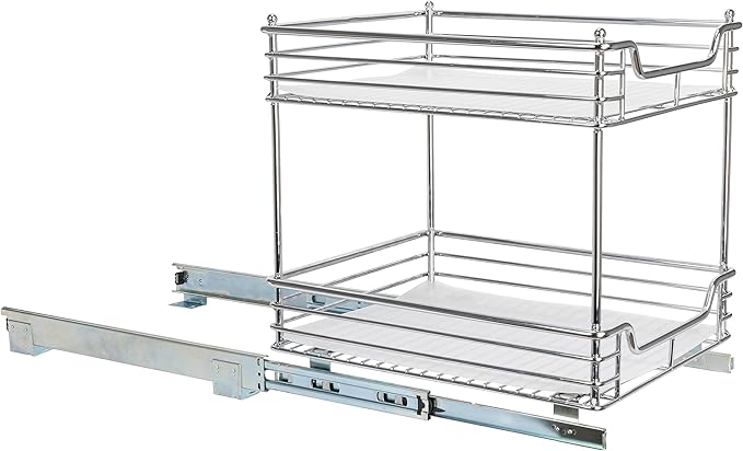 Household Essentials Glidez Chrome-Plated Steel Pull-Out/Slide-Out Storage Organizer with Plastic Liners for Under Cabinet Use - 2-Tier Design - Fits Standard Size Cabinet or Shelf, Chrome