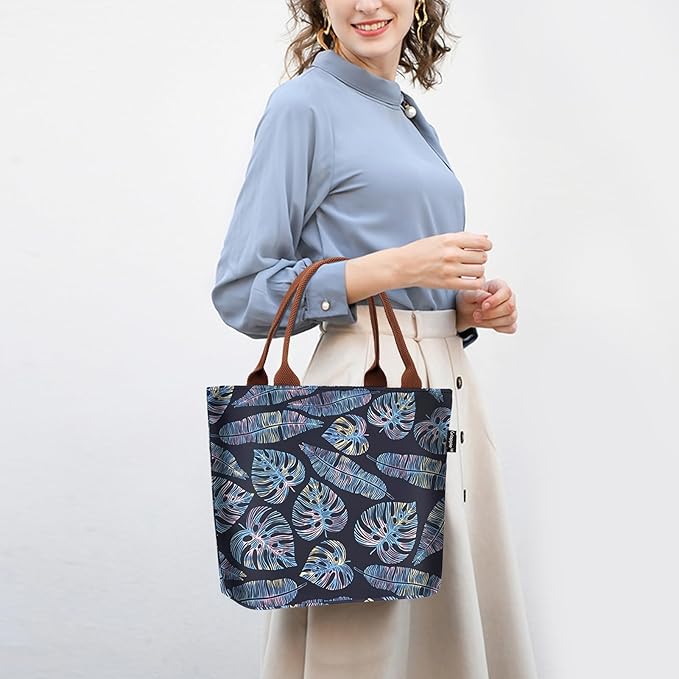 Gloppie Lunch Box for Women Adult Lunch Bag Women Insulated Lunch Tote for Work Loncheras para mujer 9L Yellow Blue Leaves