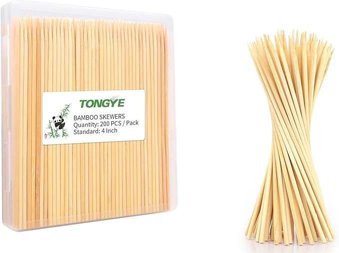 [200 PCS] 4 inch Bamboo Skewers, Premium Wooden Skewers without Splinters, Skewers for Appetizer, Fruit Kabobs, Chocolate Fountain, Burger, Cocktail Toothpicks, and Food Skewer Sticks.