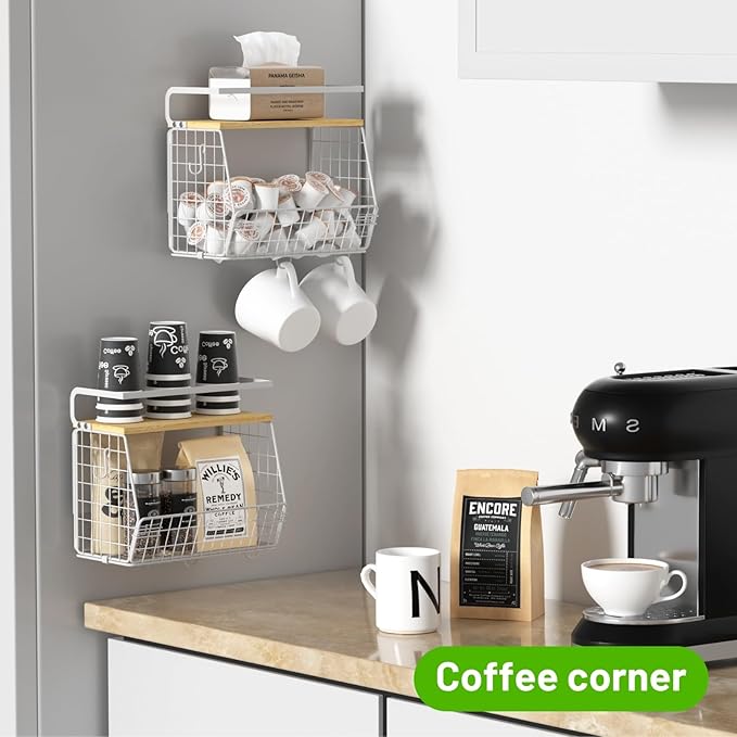 Magnetic Shelf for Fridge with Wood Lid, Fruit Potato and Onion Storage Bins, Pantry Organizers & Storage, Large Container Magnetic Spice Rack for Refrigerator, Kitchen Counter (White, 2)