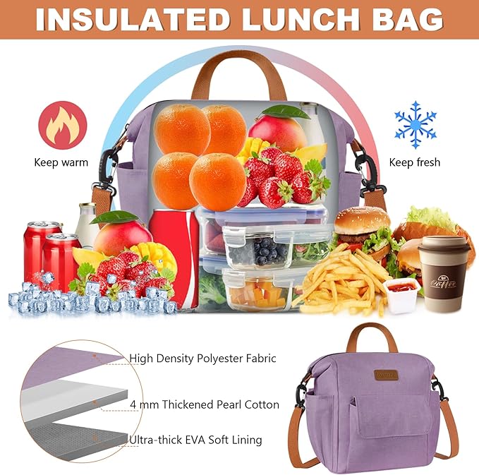 Joymee Lunch Bag Women Insulated Lunch Box Reusable Leakproof Large Spacious Cooler Tote for Women Men Adult with Bottle Holder and Side Pockets for Work Office Travel Picnic -08 Purple