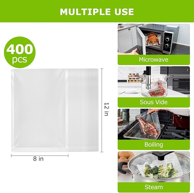 Bonsenkitchen Vacuum Sealer Bags,400 Quart 8" x 12" Precut Food Sealer Bags, Commercial Grade, BPA Free, Heavy Duty, Customized Size Vacuum Bags for Vac Storage, Meal Prep or Sous Vide Cooking, VB14