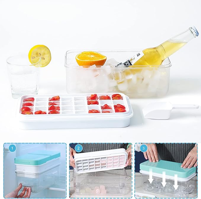 Silicone Ice Cube Tray for Freezer 64 Nuggets Ice Tray with Lid and Storage Bin Stackable Easy Release Ice Container with Scoop for Cocktail Whisky Coffee