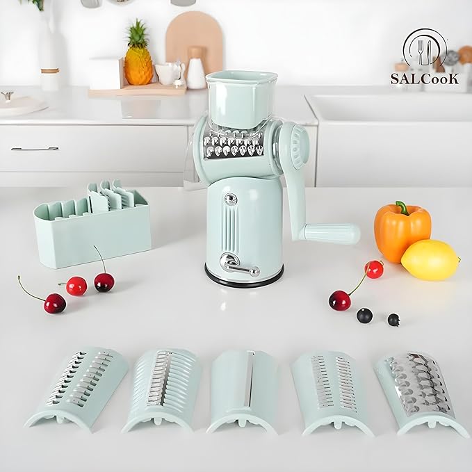 5-in-1 Manual Rotary Cheese Grater with Handle – Stainless Steel Blades for Slicing, Shredding, Grinding & Wavy Cuts – Strong Suction Base, Blade Storage Box – Green