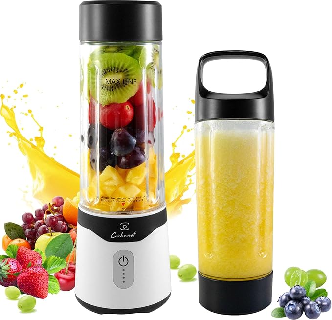 COKUNST Portable, 18 oz Personal for Smoothies and Shakes, USB Rechargeable Small with Powerful 6 Blades, Mini Single Cup with Extra Lid for Travel Gym Kitchen - Black