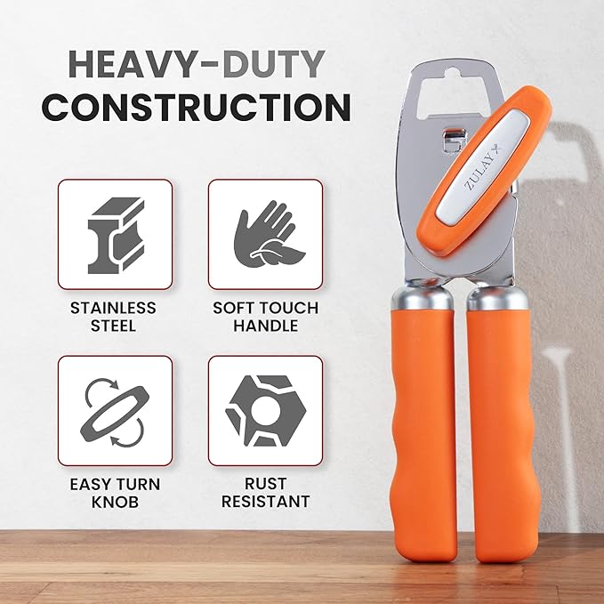 Zulay Kitchen Heavy Duty Stainless Steel Can Opener Manual with Bottle Opener - Rust Proof Manual Can Opener With Turn Knob & Comfy Soft Grip Handles - Orange