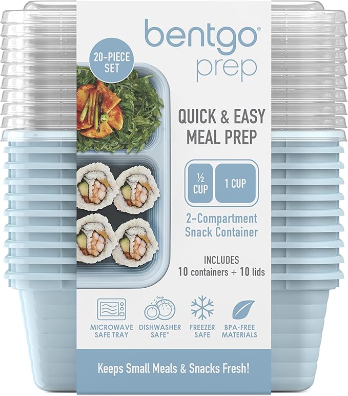 Bentgo Prep - 2-Compartment Snack Containers with Lids - Reusable, Microwaveable, Durable PFAS & BPA-Free, Freezer and Dishwasher-Safe Meal Prep Food Storage - 10 Trays & 10 Lids (Sky)