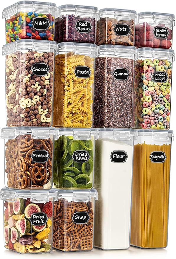 Wildone Airtight Food Storage Containers with Lids, 14PC Plastic Kitchen Containers Storage Set for Pantry Organization and Storage, Cereal, Flour and Sugar Containers, Include 20 Labels & Pen