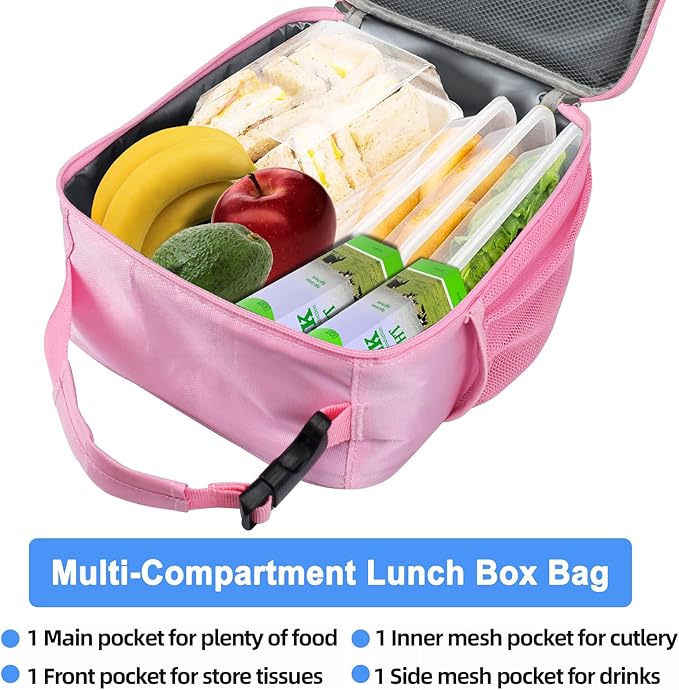 Insulated Lunch Bag, Leakproof Portable Lunch Box for Women Men Boys Girls, Large Capacity Cooler Bag for Office School Camping Hiking Outdoor Beach Picnic (Rainbow Pink)