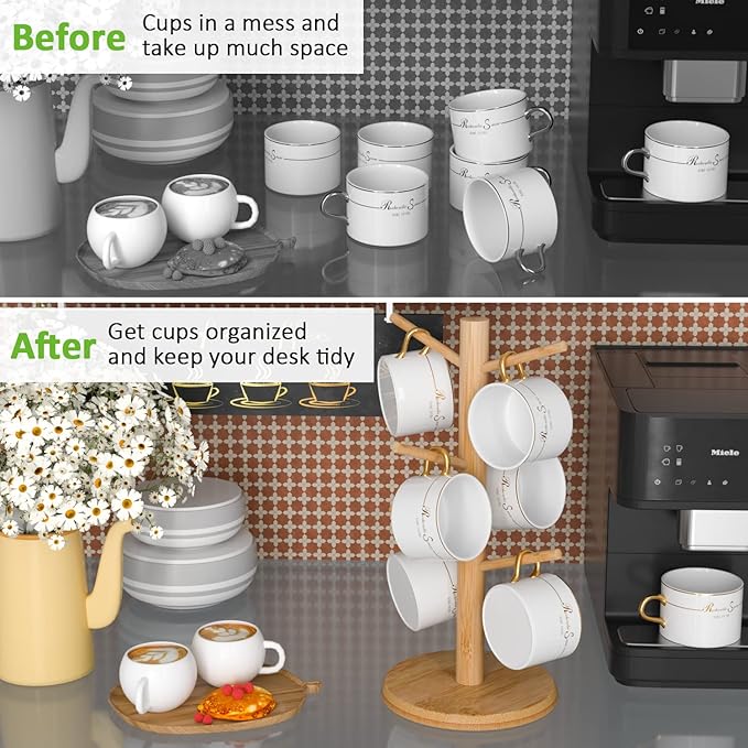 Wisuce Bamboo Mug Tree with Thicker Base - Countertop Coffee Cup Stand with 6 Hooks
